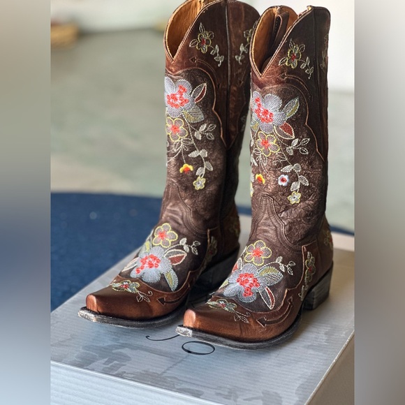 Embroidered floral brown leather 4long cowgirlie boot - Picture 1 of 5